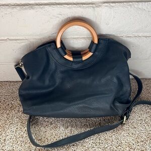 Anthropologie Black Shoulder Bag with Circular Wooden Handles